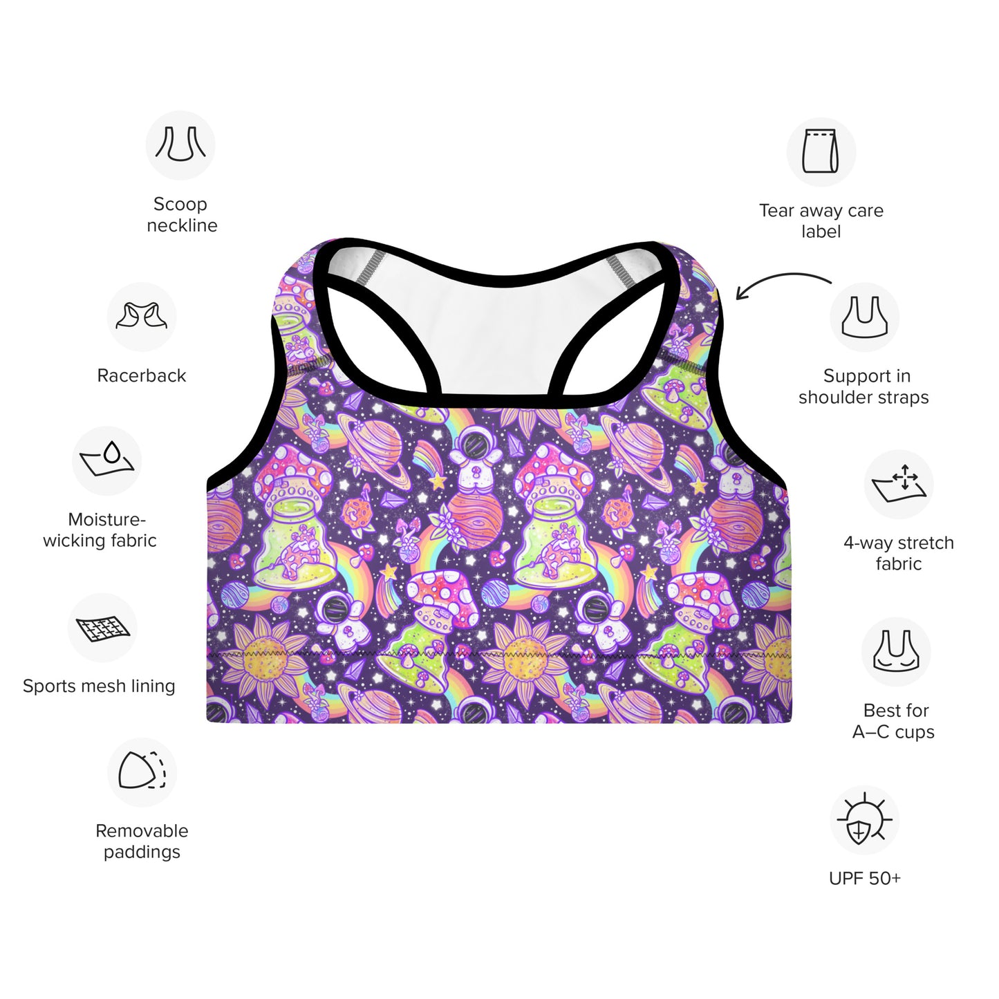 Space Shrooms Padded Sports Bra