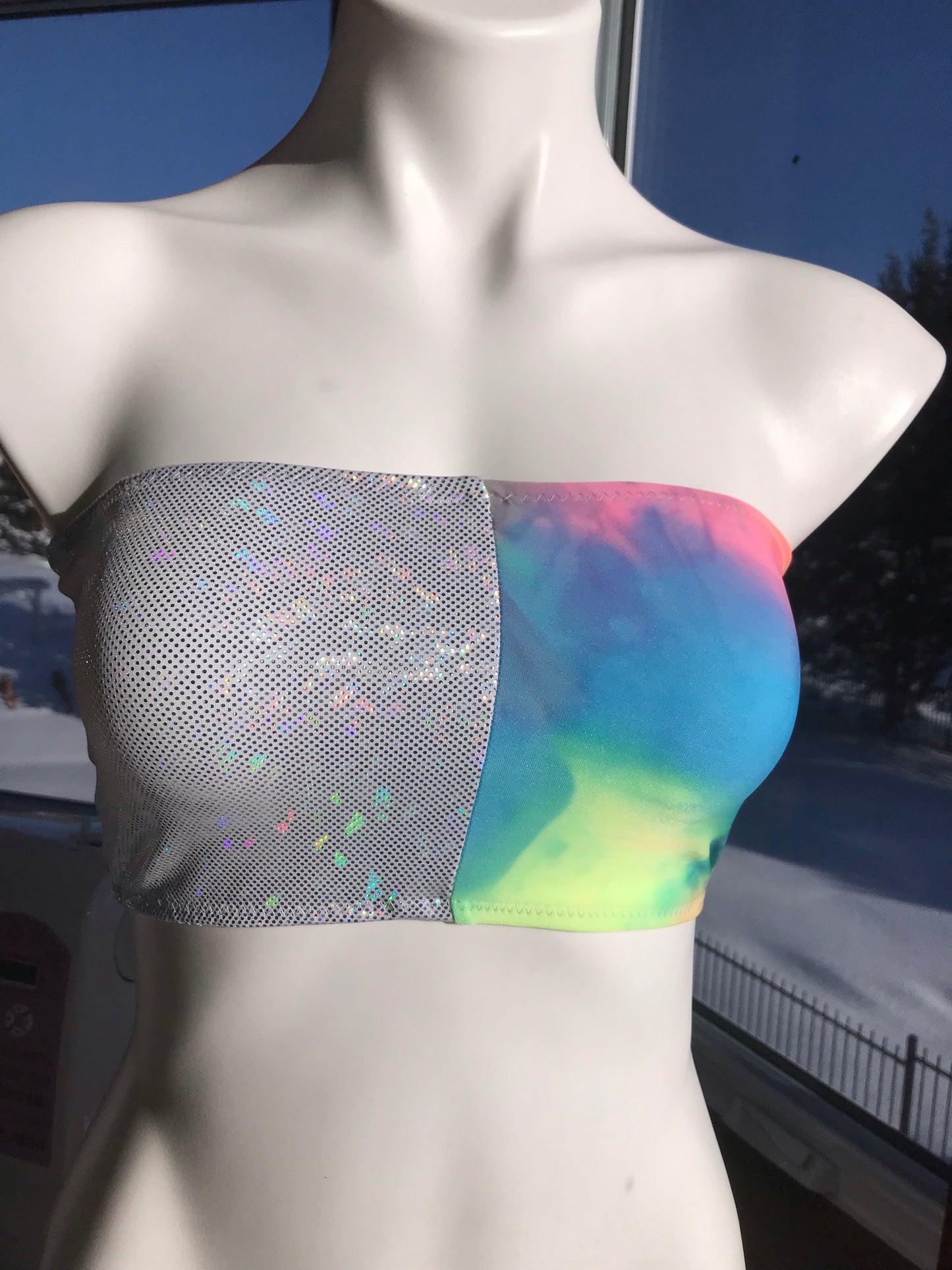 Size XS-SMALL - Tie Dye and white holo boob Tube Top, Festival Top, holographic top, burning man, edc clothing, rave crop top - Electric Couture Dolls