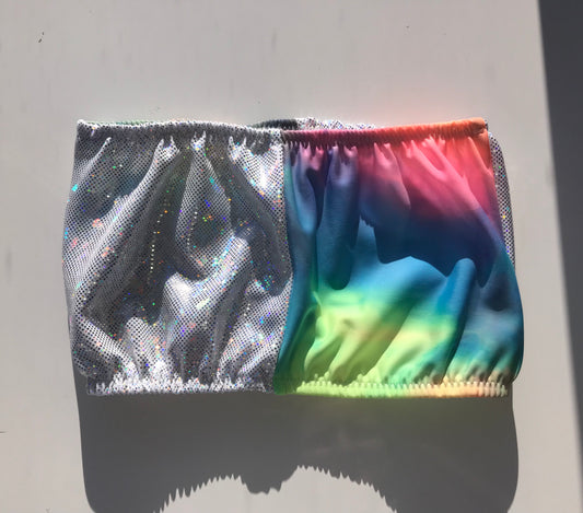 Size XS-SMALL - Tie Dye and white holo boob Tube Top, Festival Top, holographic top, burning man, edc clothing, rave crop top - Electric Couture Dolls